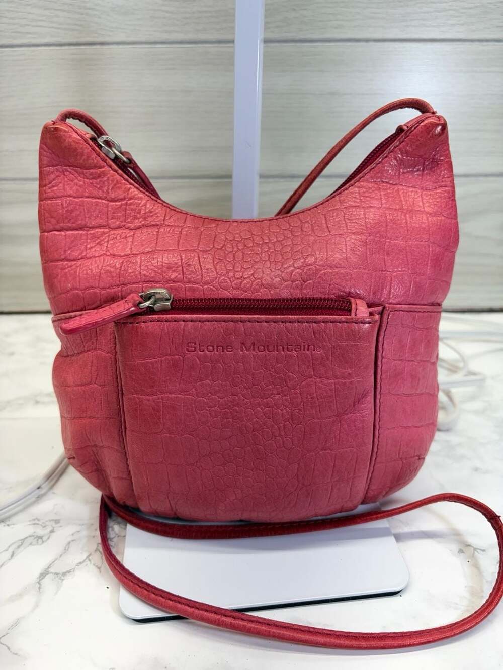 Stone Mountain Pink Crocodile Embossed Leather Crossbody Bag